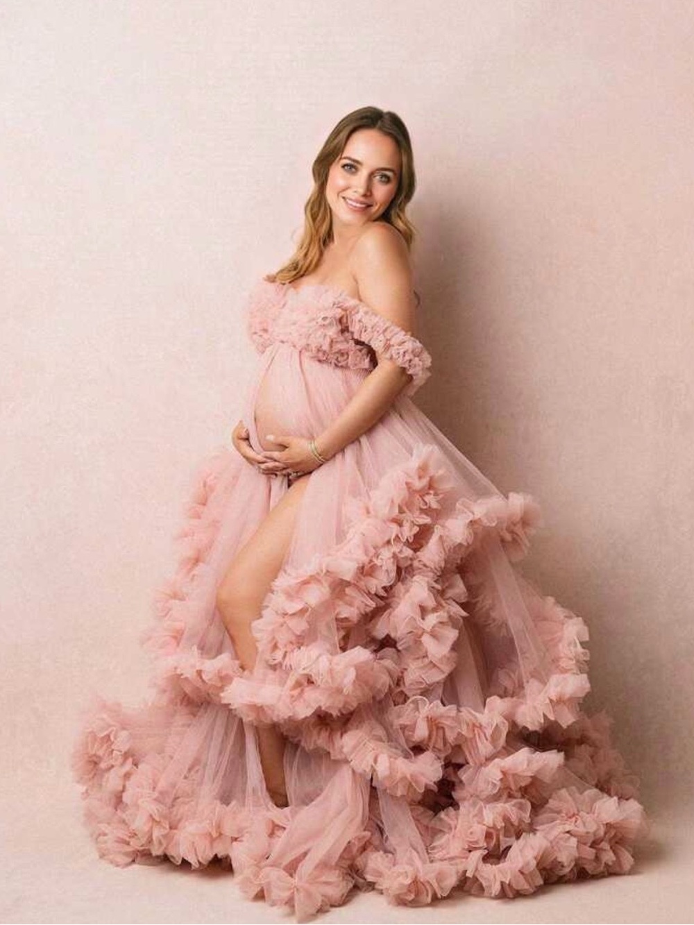 Blush Pink Ruffled Off-Shoulder Maternity Gown
